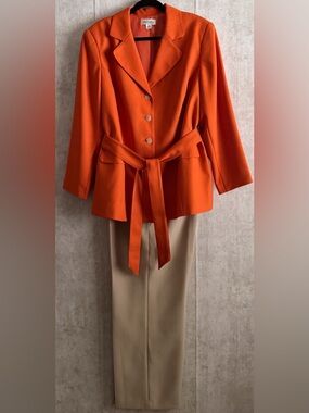 Isabella Womens Suits Burnt Orange ButtonUp Fabric Tie Jacket Tan Pants Sz 18W